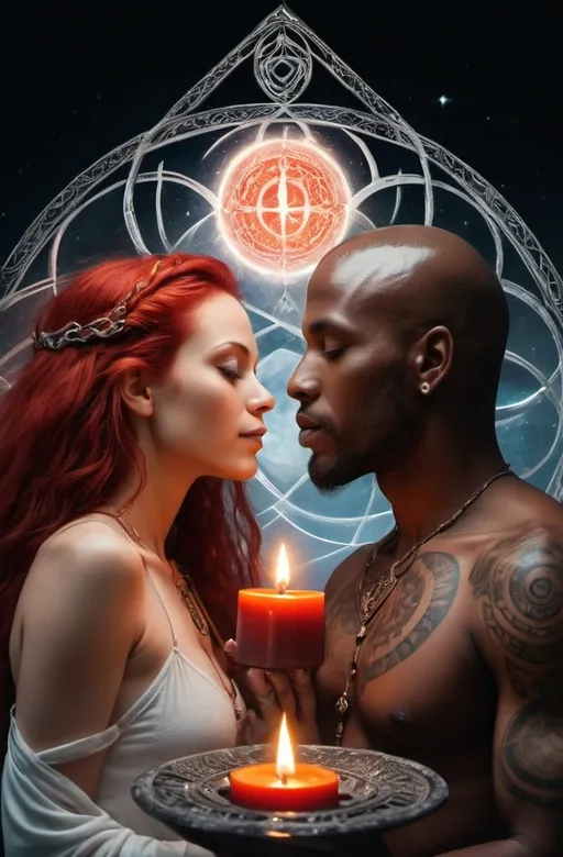 Prompt: (Cinematic impact of TANTRA SACRED UNION), interracial couple, bald black man, white woman with long red hair and tattoos, sacred geometry,  an elegant display of MALE and FEMALE figures intertwined amidst glowing CANDLES, radiant light from the FULL MOON above. Vibrant warmth of the CELTIC FIRE surrounding them, their bodies symbolizing LOVE, the celestial balance of SUN and MOON. Intense focus on open CHAKRAS, meditative poses, enhancing the mystical ambiance of the scene. High detail, ultra-detailed, production quality. 