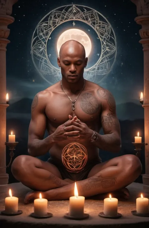 Prompt: (Cinematic impact of TANTRA SACRED UNION), interracial couple, bald black man, white woman with long red hair and tattoos, sacred geometry, spinning magic together, an elegant display of MALE and FEMALE figures intertwined amidst glowing CANDLES, radiant light from the FULL MOON above. Vibrant warmth of the CELTIC FIRE surrounding them, their bodies symbolizing LOVE, the celestial balance of SUN and MOON. Intense focus on open CHAKRAS, meditative poses, enhancing the mystical ambiance of the scene. High detail, ultra-detailed, production quality. 