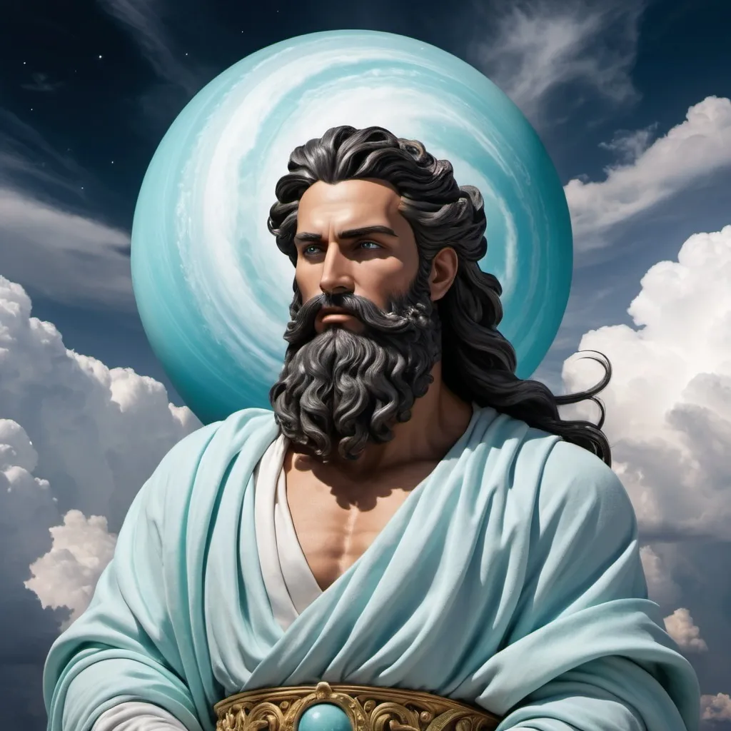 Prompt: uranus god of the sky with white puffy clouds in the background and a black beard with flowing hair and a white heavenly garment covering him and 
