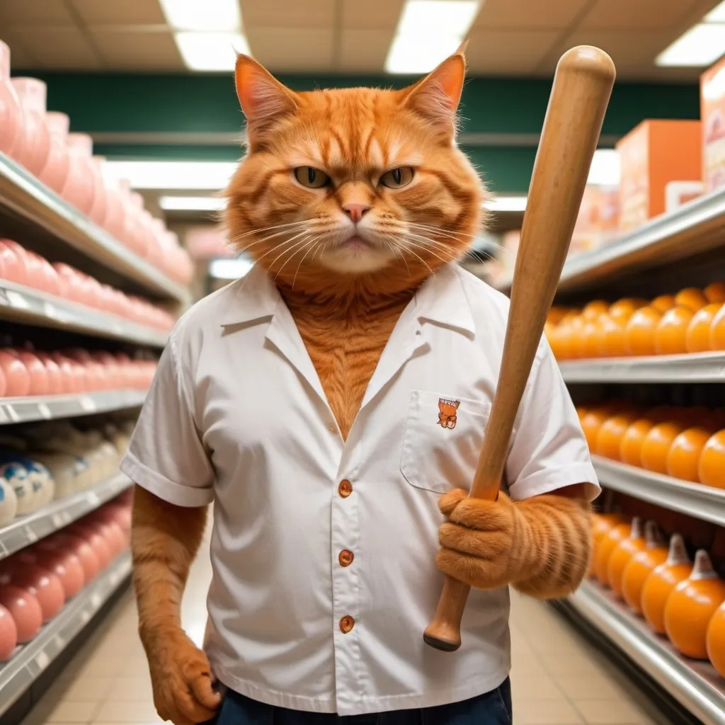 Prompt: an intimidating humanoid orange cat mafia goon in an italian pork store, wearing a casual open-collar bowling shirt, carrying a baseball bat. 