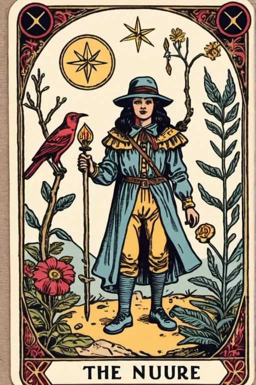 Prompt: old school tarot card called the nature explorer
