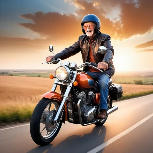 Prompt: (74 year old man riding a motorcycle), vivid action pose, detailed facial expression full of joy, stylish leather jacket and helmet, gleaming chrome on motorcycle, dynamic motion blur, warm sunset background, serene countryside landscape, (sunset orange and deep blue skies), free-spirited atmosphere, ultra-detailed, high-quality, vibrant colors, capturing a moment of adventure and freedom.