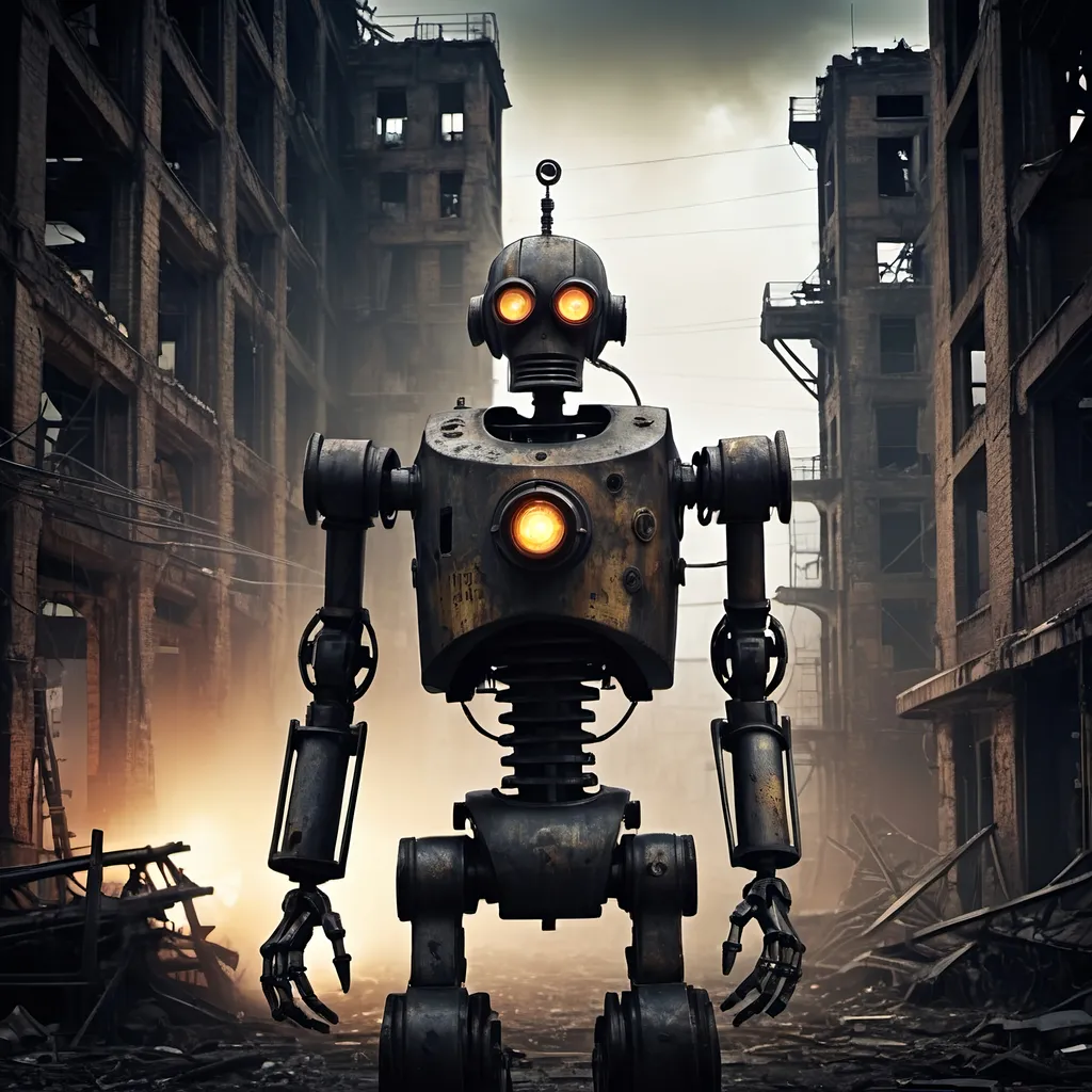 Prompt: (accurately spelled text "CHEMICAL ROBOT, Straw Man"), dark industrial atmosphere, eerie and ominous vibe, intricately designed chemical robot, glowing laser beams shooting from eyes, abandoned apocalyptic city backdrop, crumbling buildings, shadowy environment, remnants of human civilization, high contrast lighting, metallic colors, moody ambiance, post-apocalyptic destruction, ultra-detailed, cinematic quality.