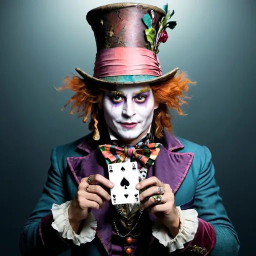 Prompt: Johnny Depp as the Mad Hatter holding a reverse card