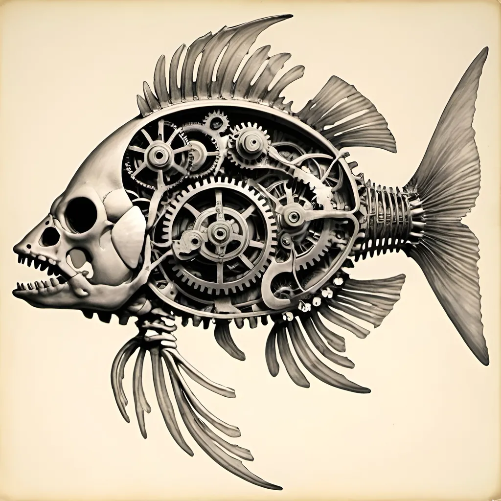 Prompt: fish skeleton with gears inside instead of organs no external gears

