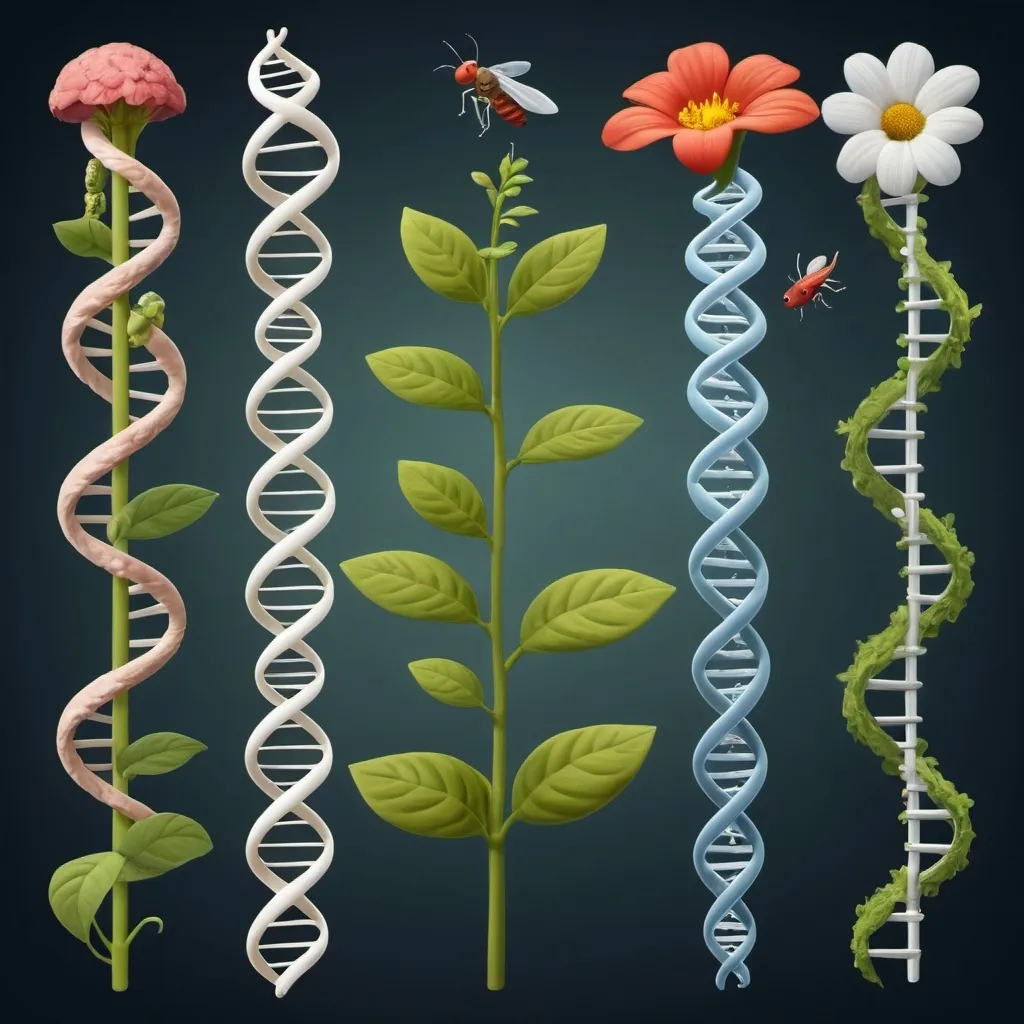 Prompt: A plant, a flower, an fly, an worm, a mice, a human, DNA double helix, protein folded structure