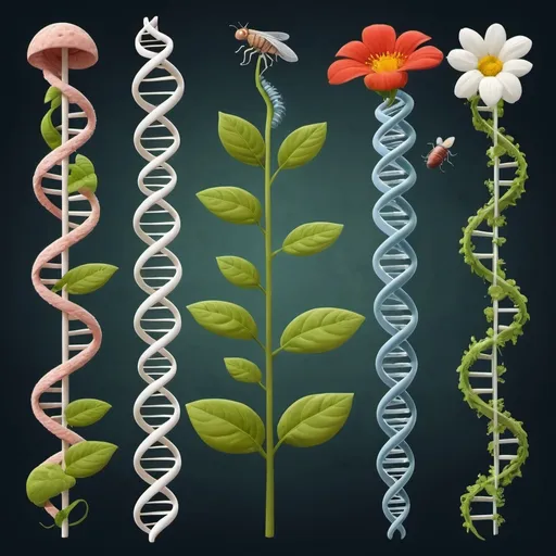 Prompt: A plant, a flower, an fly, an worm, a mice, a human, DNA double helix, protein folded structure