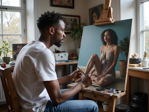 Prompt: We see a young black man sitting at an easel in his art studio. He has begun to paint the picture of a lovely woman who sits posing in front of him. He holds brush to canvas. The room is cluttered with other finished and unfinished paintings. Light streams in from a nearby window aiding him in capturing his subject on canvas. 