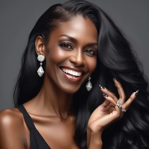 Prompt: tall, mature black woman, with a long raven black hair, warm smile, deep sensuous eyes, she runs her fashionably painted fingernails through her hair, brushing it back from her ear to show off her diamond earring. 