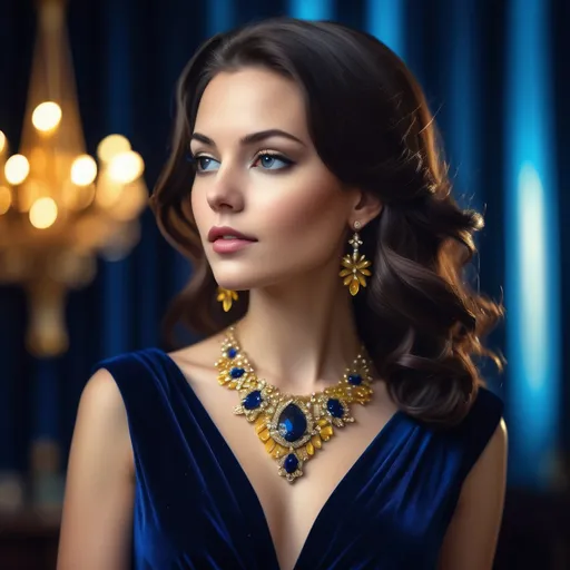 Prompt: Portrait of a beautiful woman, dark hair cascading elegantly, wearing a stunning dark blue velvet evening dress, adorned with radiant blue and yellow jewels glistening like stars. Captivating expression, softly lit with a warm glow, creating an atmosphere of elegance and sophistication. Background slightly blurred to foreground focus, emphasizing the intricate details of her outfit and accessories, ultra-detailed, HD quality, conveying a sense of grace and allure.