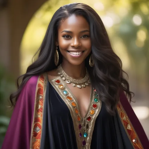 Prompt: A beautiful black woman, light complexion, with long hair, vibrant features, with an impish smile, Her head slightly askew, she is wearing a tunic necked, bejeweled cloak. 