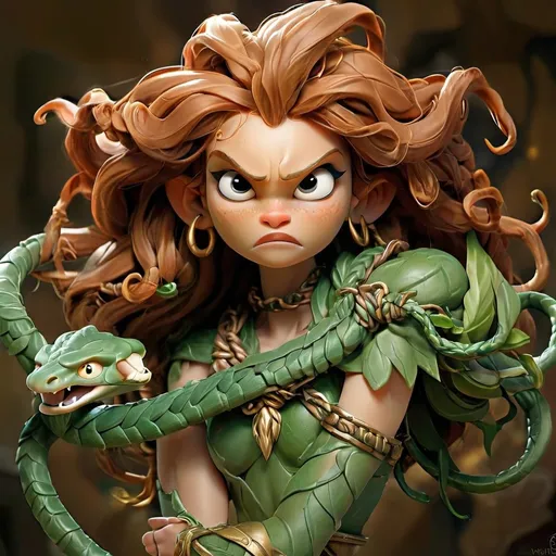 Prompt: (Medusa hair), elegant elf warrior, intricately designed armor, fierce expression, ancient Greek setting, dramatic lighting, flowing hair with snake-like features, (mystical atmosphere), striking contrast between light and shadows, vibrant green tones of serpent hair against a warm bronze background, ultra-detailed, fantasy art style, evoking a sense of power and mythology.