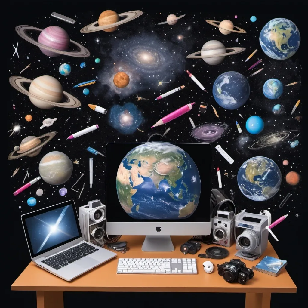 Prompt: Universe with human objects floating in space including pens and cameras and computers and cd and hair 