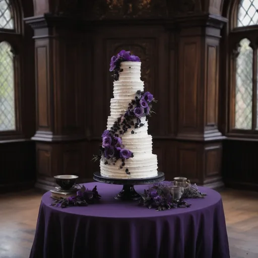 Prompt: gothic, white and black four tier wedding cake displayed on a dark wood table covered in purple  flowers. The table is in an old library. realistic, natural light