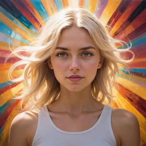 Prompt: (Sofia may power), a symbol of strength and resilience, infused with bold energies, a dynamic composition showcasing her prominent features, surrounded by rays of light radiating empowerment, vibrant color contrasts, emphasizing determination and conviction, (highly detailed), evoking a sense of inspiration, exploring the theme of personal growth and empowerment, capturing a transformative moment. Blonde German looking girl