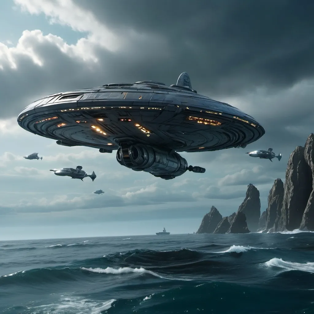 Prompt: A starship does a low flyover of an ocean bay searching for survivors of another crashed starship.