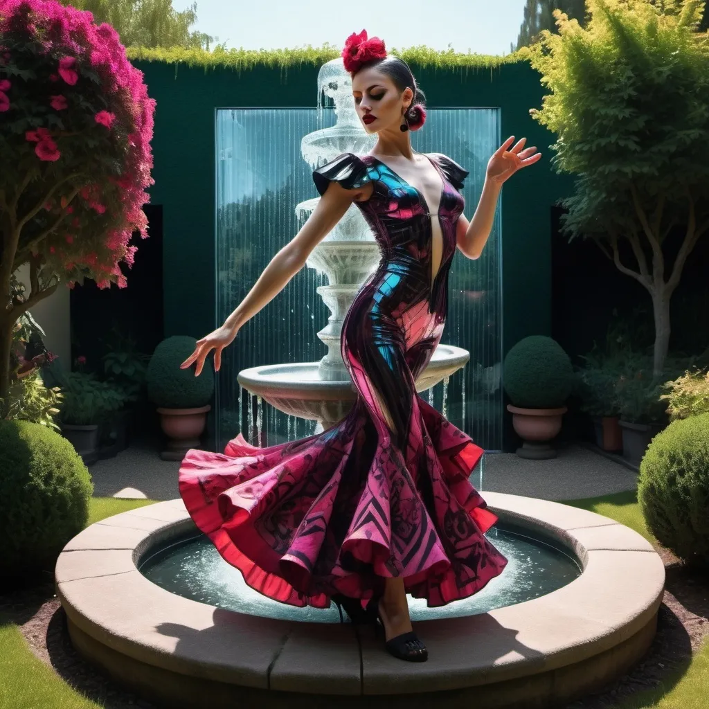 Prompt: a cyberpunk flamenco dancer in a garden with a crystal fountain in the style of Escher  in dramatic colours