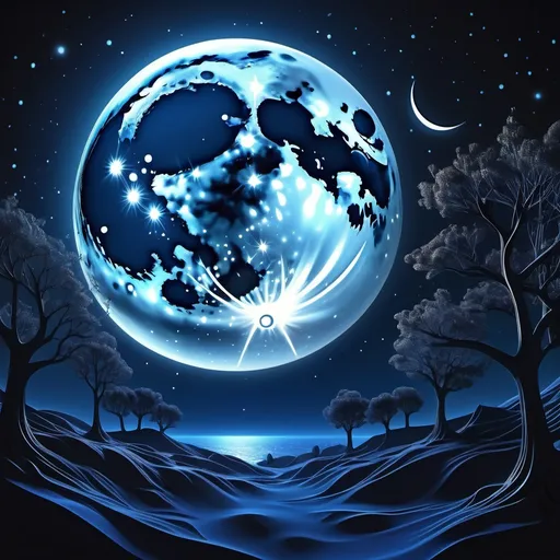 Prompt: (3d moon art illustration), ethereal and enchanting design, celestial elements intertwining, whimsical and detailed textures, glowing moonlight casting gentle shadows, starry night backdrop with twinkling stars, dreamy ambiance, (vibrant colors) highlighting shades of deep blue and midnight black, (highly detailed) and (4K) quality.