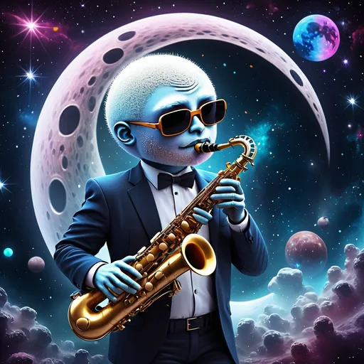 Prompt: (3D moon-man in sunglasses), playing saxophone,, floating in (outer space), with a majestic gliding through the starry cosmos. The background features a stunning array of vibrant nebulas and twinkling stars, creating an otherworldly atmosphere, while the  contrasts beautifully against the depth of space. The scene is bursting with (dreamy colors) and (highly detailed textures), ensuring a captivating visual experience.