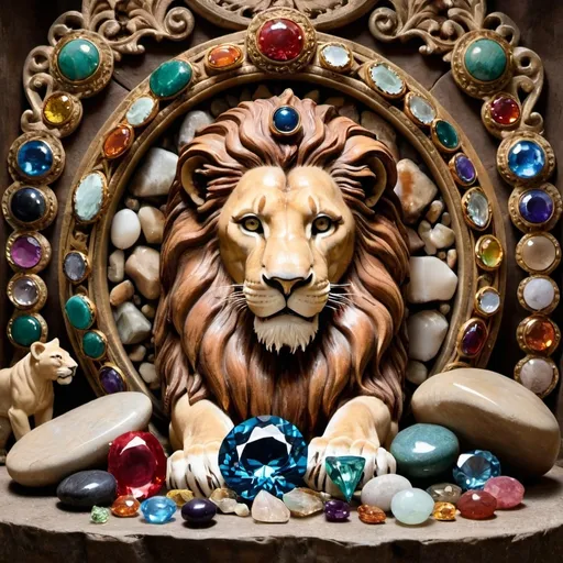 Prompt: a lions surrounded by gemstones