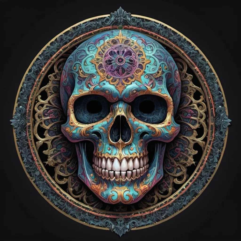 Prompt: a colorful skull with a large, ornate design on it's face and a circular frame around it, Android Jones, gothic art, highly detailed digital painting, computer graphics