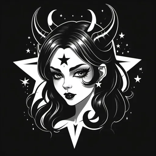 Prompt: Create a black and white  pretty lovely female Star Devil design as the main theme is a Devil with a small star