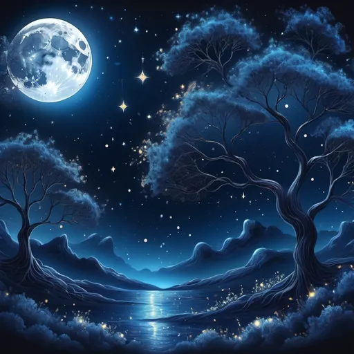 Prompt: (moon art illustration), ethereal and enchanting design, celestial elements intertwining, whimsical and detailed textures, glowing moonlight casting gentle shadows, starry night backdrop with twinkling stars, dreamy ambiance, (vibrant colors) highlighting shades of deep blue and midnight black, (highly detailed) and (4K) quality.