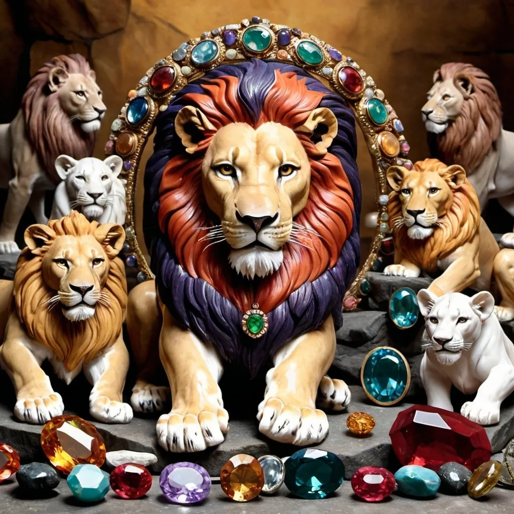 Prompt: a lions surrounded by gemstones