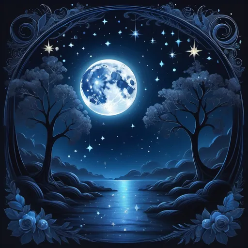 Prompt: (moon art illustration), ethereal and enchanting design, celestial elements intertwining, whimsical and detailed textures, glowing moonlight casting gentle shadows, starry night backdrop with twinkling stars, dreamy ambiance, (vibrant colors) highlighting shades of deep blue and midnight black, (highly detailed) and (4K) quality.