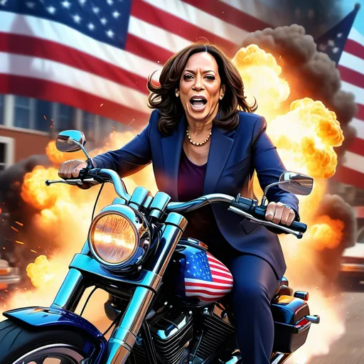 Prompt: (3D illustration), design, intricate , ( realistic, Kamala Harris on a Harley motorcycle, realistic face, dramatic explosions in the scene, American flag waving in the background, vibrant colors, high energy atmosphere, cinematic light effects, ultra-detailed, dynamic composition,