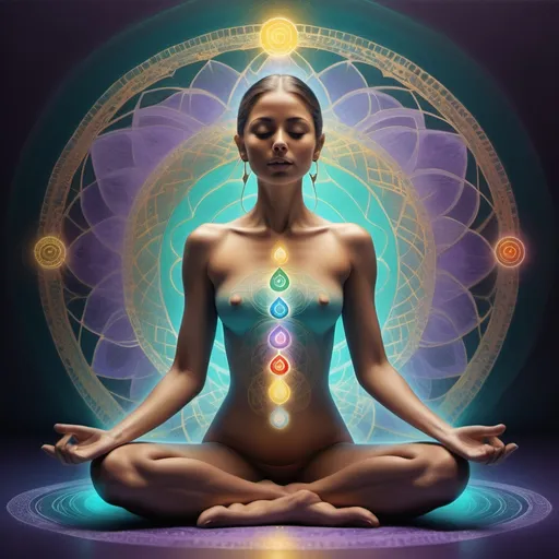 Prompt: (3d, etched, stamped embossed, fillagree, clear chakras meditation), (a lovely stunning pretty, woman engrossed in energy clearing), Gold and multi color minimalist aesthetic, serene expression, relaxed pose, ethereal light surrounding her, vibrant abstract dark  background, a blend of soothing colors like aqua and lavender, tranquil atmosphere, peaceful vibes, ultra-detailed, high quality, harmonious balance.