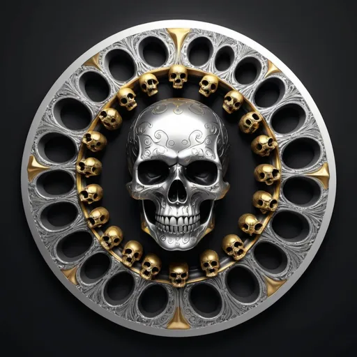 Prompt: (3D)  black and silver and gold skulls, blending and contrasting, intricate details of textures and shadows, modern aesthetic with a psychedelic feel, playful light reflections enhancing depth, entrance of dynamic shapes and curves, captivating design, ultra-detailed, ethereal ambiance, balancing grim and fun elements in a striking composition, eye-catching visual representation.