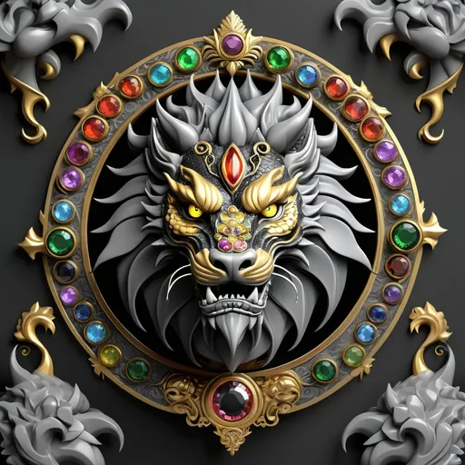 Prompt: A  render of a visually stunning and ornate digital masterpiece with the  text is written in elegant, golden and  Black Dragon, ,  Lion and multi-colored gemstones. The design is crowned by a majestic, Black Dragon,  and  the word. The muted gray background accentuates the vibrant colors and intricate details. The overall ambiance of the piece is grand and regal.