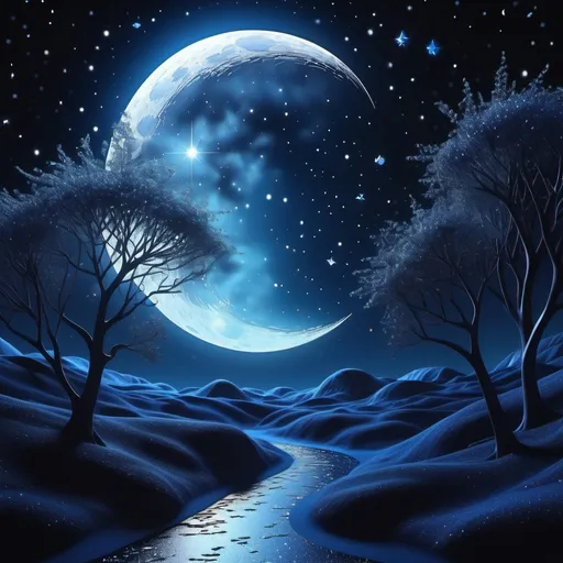 Prompt: (3d moon art illustration), ethereal and enchanting design, shooting stars, celestial elements intertwining, whimsical and detailed textures, glowing moonlight casting gentle shadows, starry night backdrop with twinkling stars, dreamy ambiance, (vibrant colors) highlighting shades of deep blue and midnight black,  with rays of moon light (highly detailed) and (4K) quality.