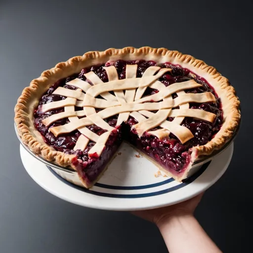 Prompt: Image of person holding out a big pie
