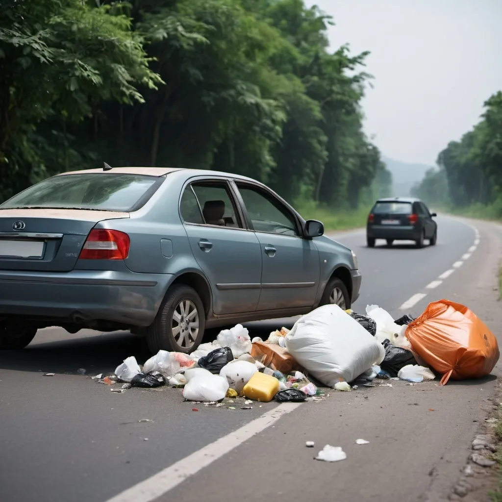 Prompt: Garbage on the road beside a car, 8k, high quality 