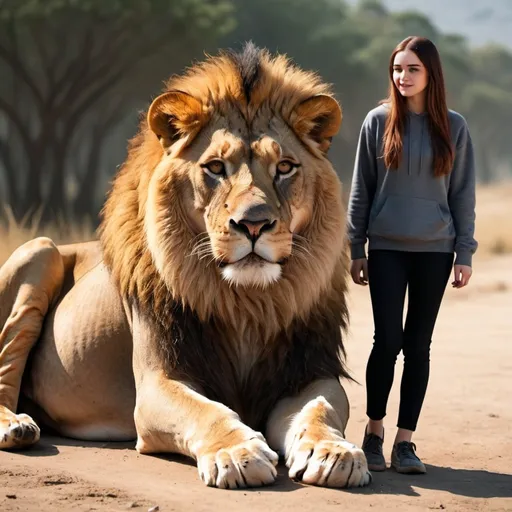 Prompt: A person beside a lion, 8k, high quality 