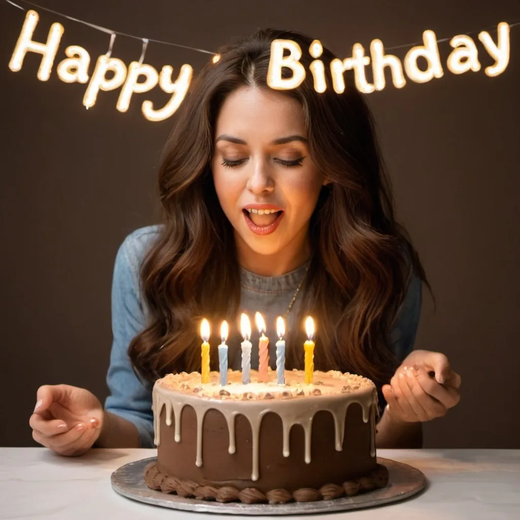 Prompt: À brown colored beautiful lady with full hair blowing off candles on a birthday cake
The cake has "Happy Birthday Amy" written on it 