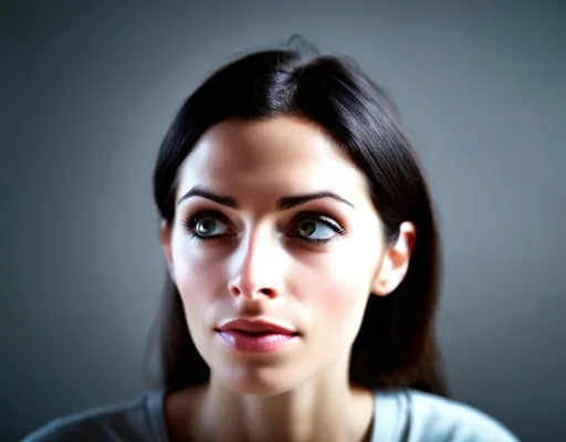 Prompt: Eyes open pale woman , looking up and to the left, bright whites in her eyes, pursed lips, dimples ultra-detailed composition real photo 4K uhd hdr