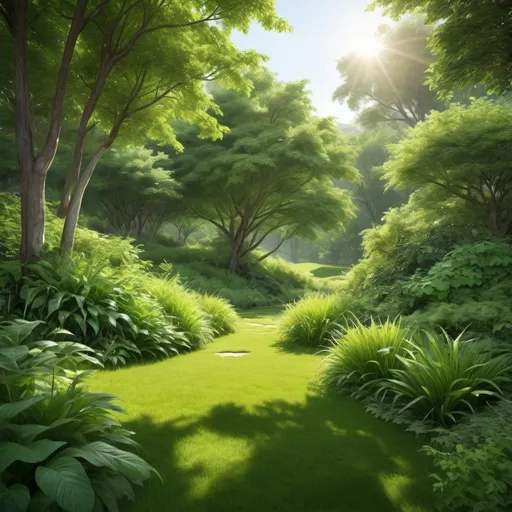 Prompt: photorealistic, lush green landscape, vibrant shades of green, serene atmosphere, peaceful environment, sunlight filtering through leaves, dynamic textures of grass and foliage, soft shadows creating depth, ultra-detailed leaves and plants, tranquil vibe, high quality, emphasis on nature's beauty and lushness, inviting and refreshing ambiance.