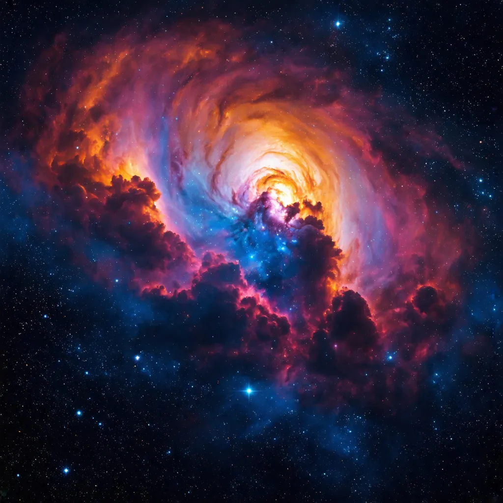 Prompt: (beautiful space nebula), realism style, warm color scheme, dramatic contrast between colors, ethereal atmosphere, swirling clouds of gas and dust, glowing bright stars scattered throughout, deep blues, pinks, oranges, reds, and purples, high depth cinematic masterpiece, intricate detail, ultra-detailed, mesmerizing and awe-inspiring mood, galaxy background, cosmic phenomena, immersive sense of wonder, 4K quality