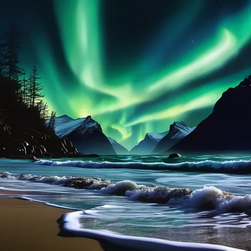 Prompt: beach and night sky (Northern lights) image with crashing waves, surrounded by wooded mountains