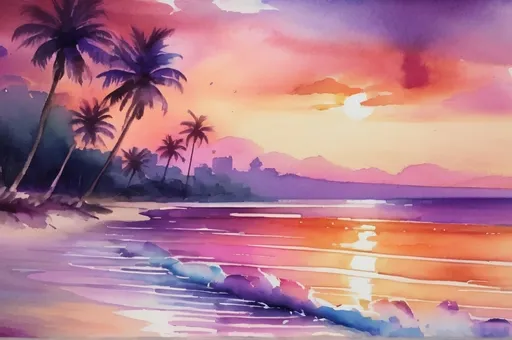 Prompt: (watercolor painting) tropical beach scene, vibrant hues of orange, pink, and purple in the sky, waves lapping at the shore, palm trees swaying in the breeze, tranquil atmosphere, serene reflections on the water, sun setting on the horizon, soft textures, dreamy ambiance, high-quality, ultra-detailed rendering, warm color tones, inviting and peaceful setting.