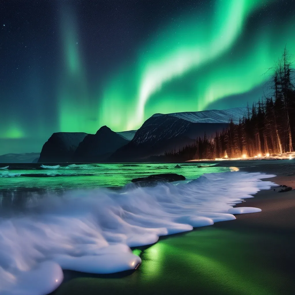 Prompt: beach and night sky (Northern lights) image with crashing waves, surrounded by wooded mountains