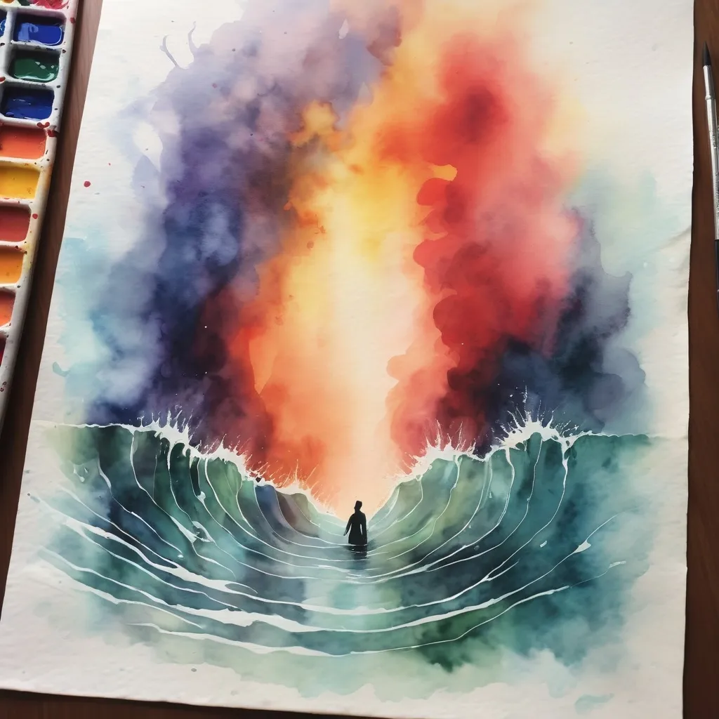 Prompt: Make an image of a watercolor painting depicting what an emotional cataclysm feels like.