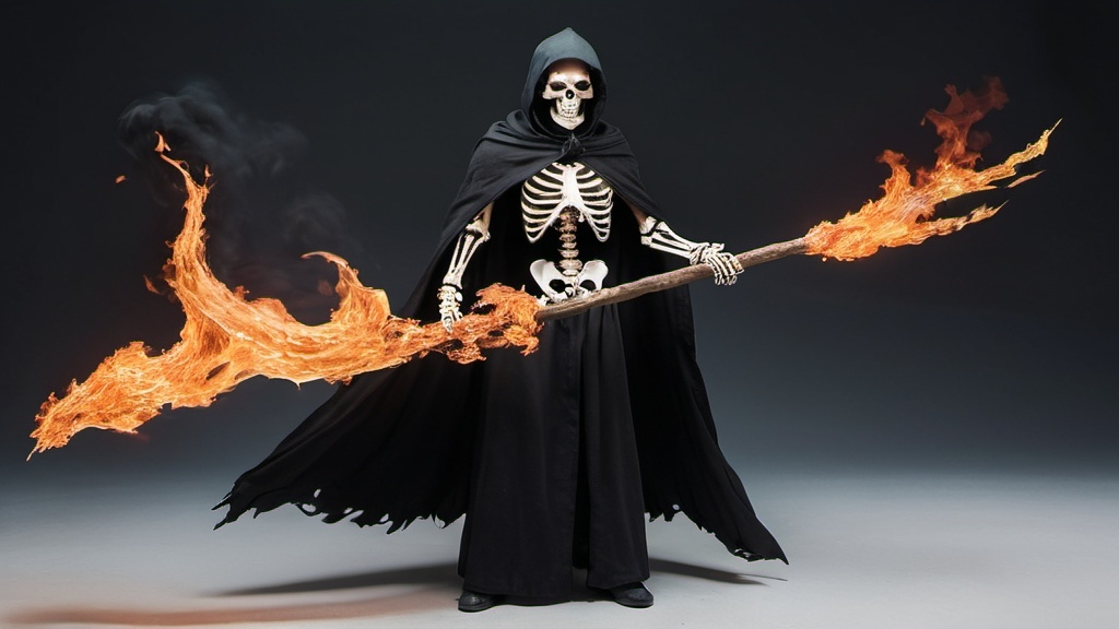 Prompt: skeliton man wearing a long black cloack and wielding fire
