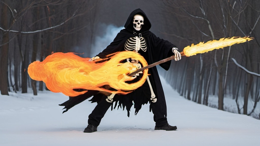 Prompt: skeliton man wearing a long black cloack and wielding fire
