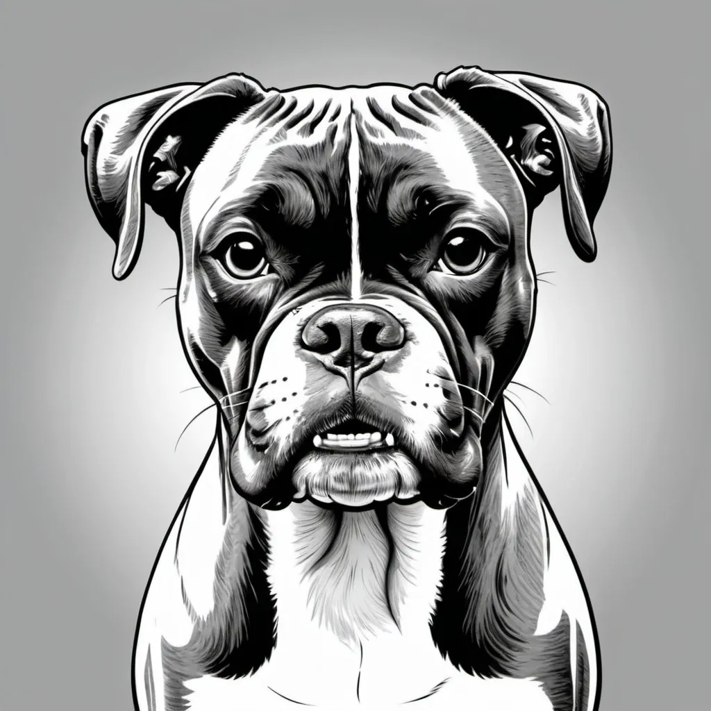 Prompt: Black and white outline drawing of a boxer dog in a happy mode
