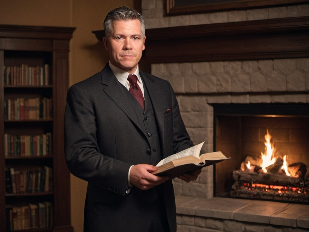 Prompt: a man in a suit standing in front of a fireplace with a book in his hand and a candle in his hand, David G. Sorensen, dau-al-set, professional photo, a character portrait