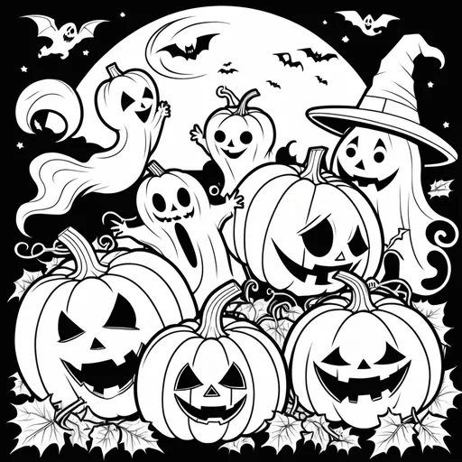 Prompt: B&W Coloring Book.  pumpkins and ghosts
